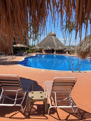 Relax by the serene pool surrounded by lounge chairs and shaded by palm fronds.