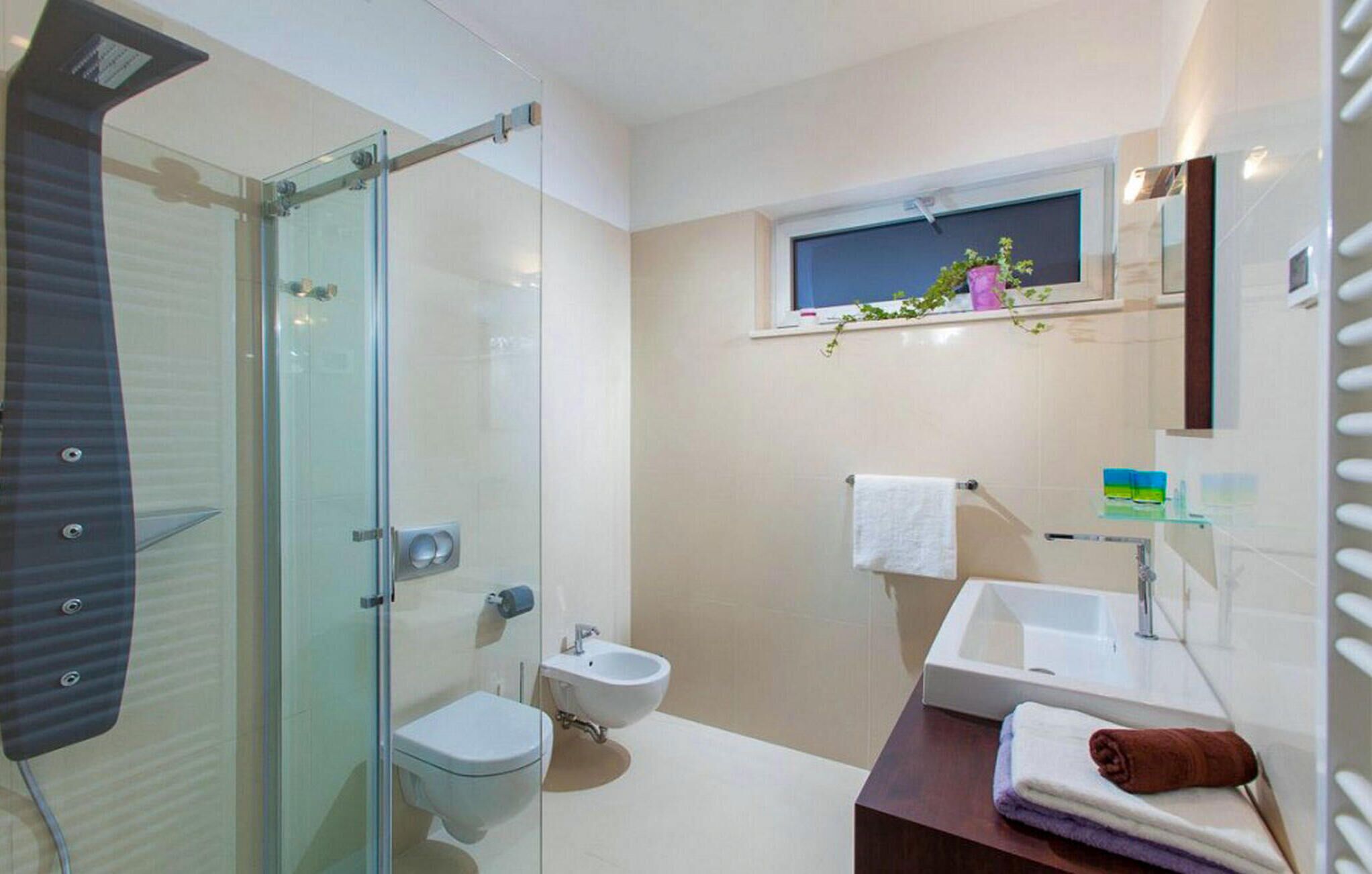 A modern bathroom with a glass shower enclosure, a toilet, a bidet, and a sink with a mirror above.