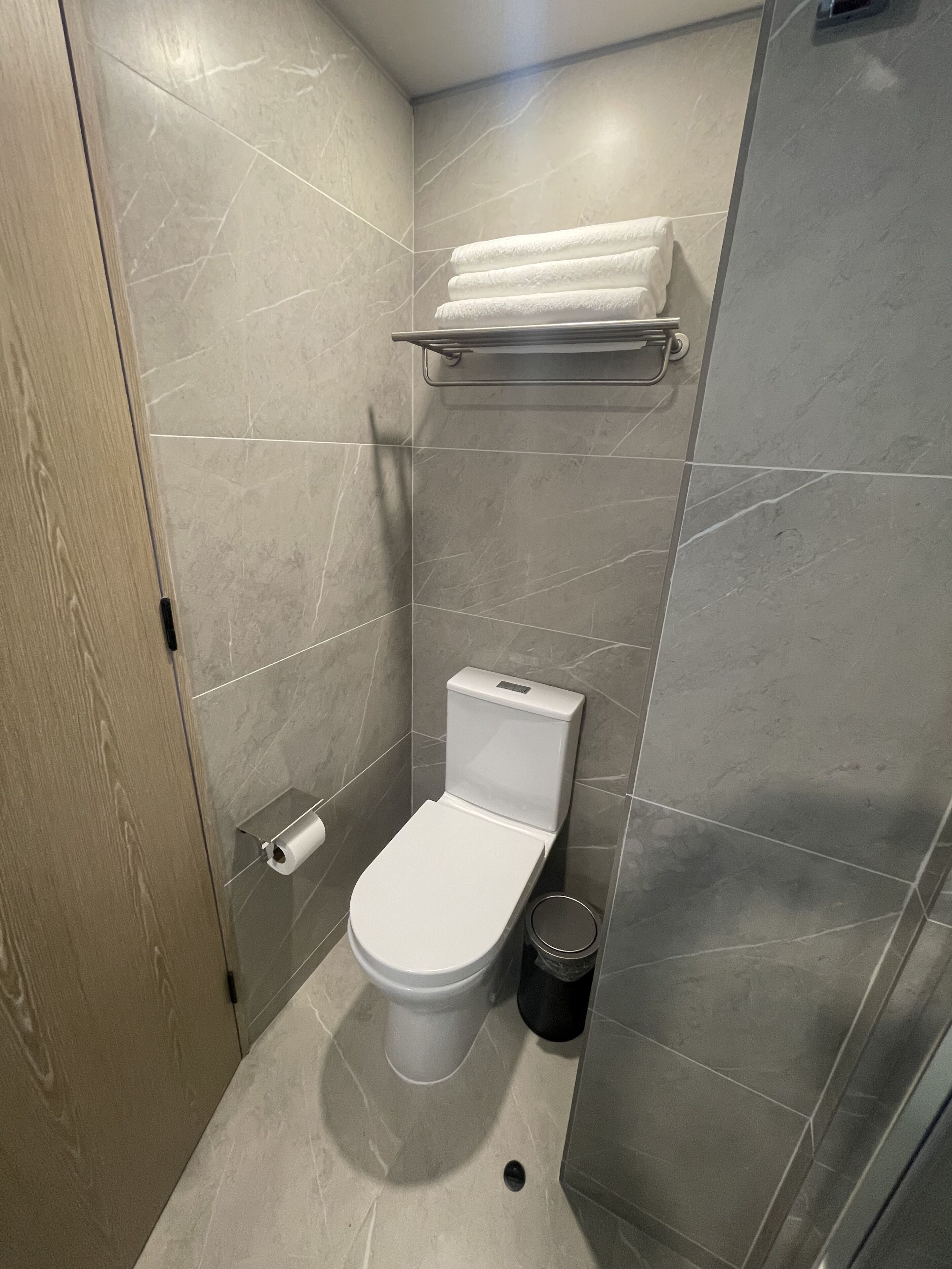 A modern bathroom with a white toilet, a towel rack, and a trash bin.
