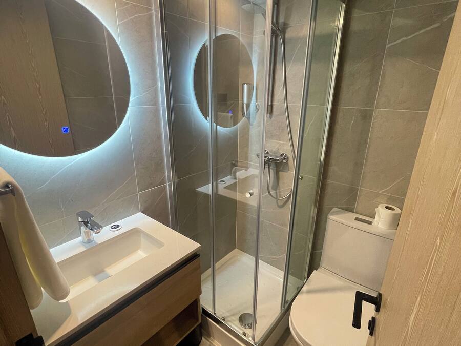 A modern bathroom with a glass-enclosed shower, a sink, and a toilet.