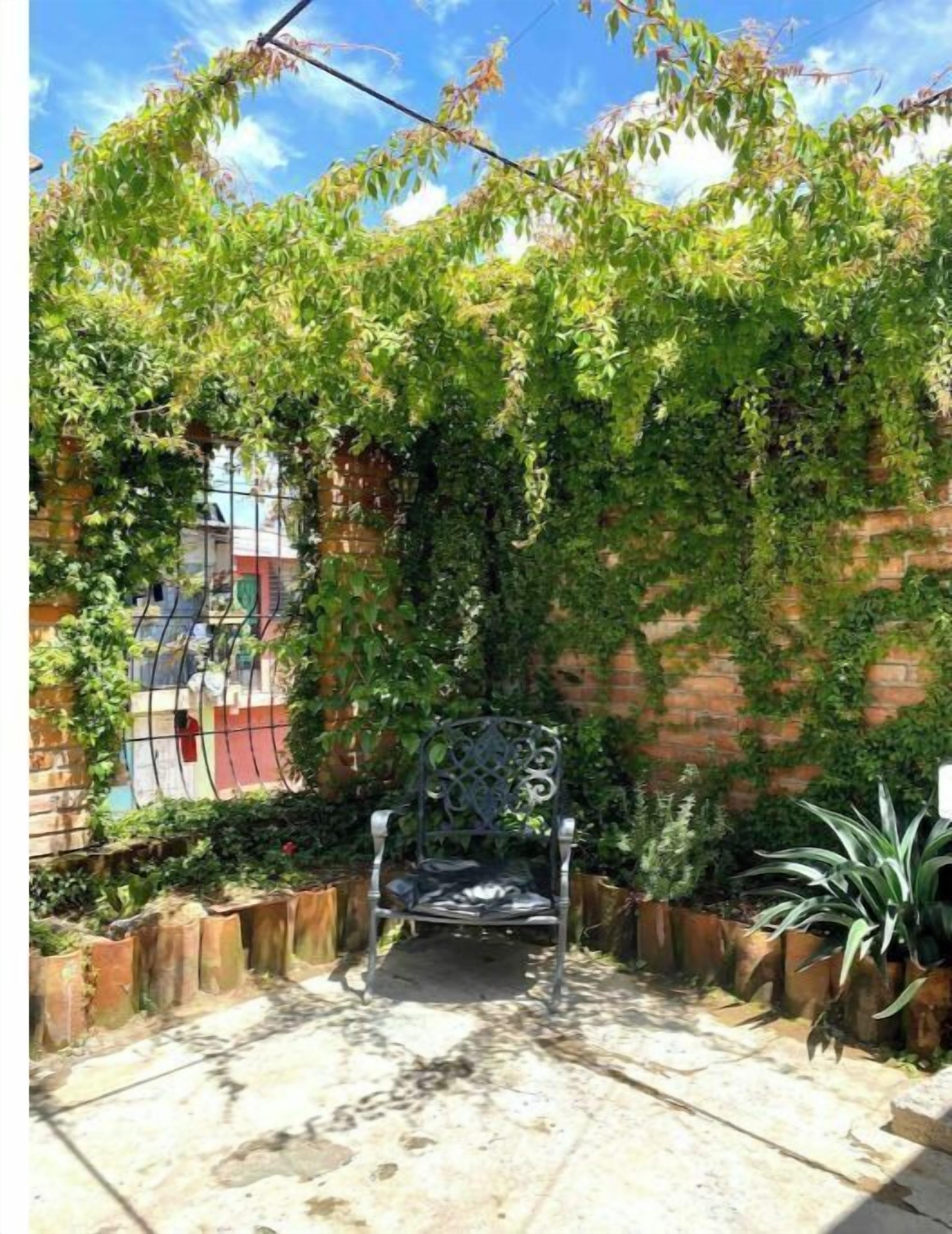 A garden with a metal bench surrounded by potted plants and a brick wall.
