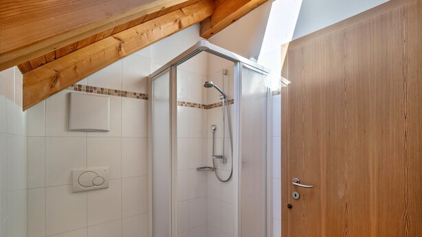 Une douche avec une porte en verre, des toilettes et une porte en bois.