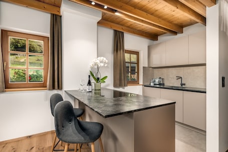 Fridge, stovetop, dishwasher, coffee/tea maker. Apartment "Perfila Falkenauge" with Mountain View, Shared Garden & Wi-Fi