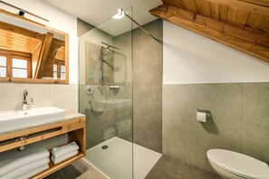 Shower, hair dryer, towels - Apartment "Perfila Morgenrot" with Mountain View, Shared Garden & Wi-Fi (Valdaora)