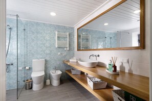 Chuveiro, secador de cabelo, toalhas de banho 