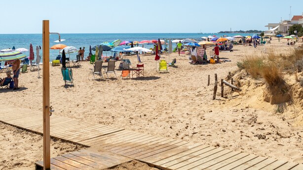 Ein Strand mit Holzstegen, Liegestühlen, Sonnenschirmen und freiem Blick auf das Meer.