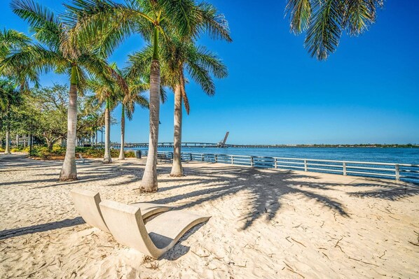 On the beach, beach towels, kayaking, motor boating