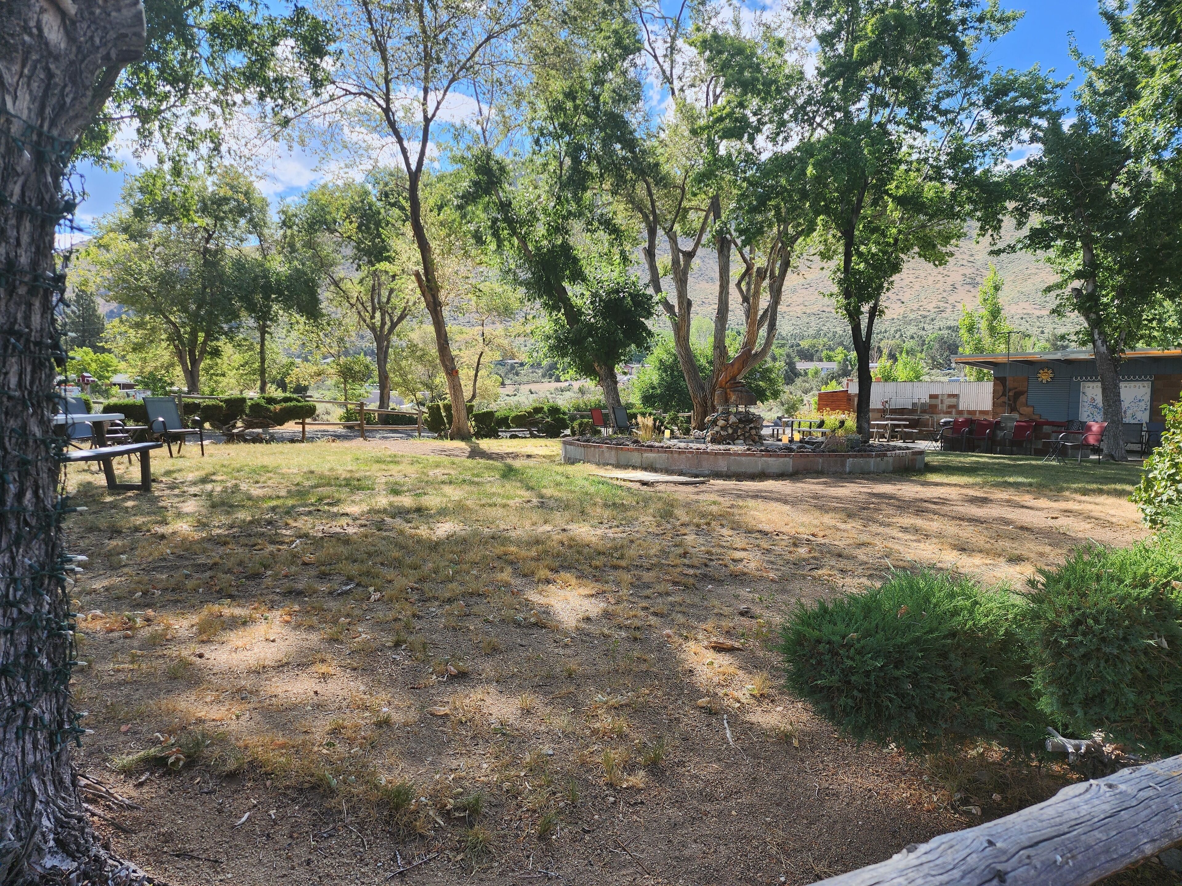 An outdoor area with picnic tables and benches, surrounded by trees and a small building.
