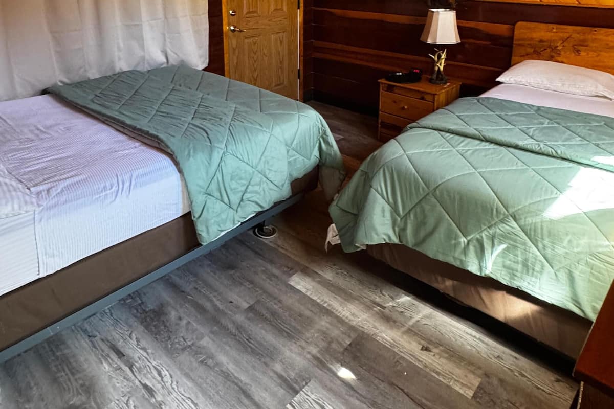 Ein Zimmer mit zwei Betten, Holzwänden, einer Tür, einem Nachttisch mit Lampe und einem Fernseher an der Wand.