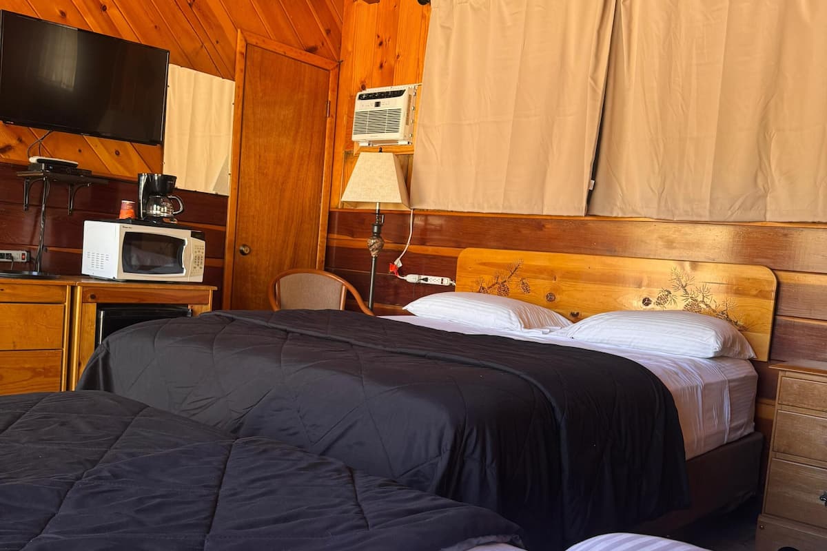 Ein Zimmer in einer Holzhütte mit einem Bett, einem Schreibtisch mit einer Mikrowelle, einer Lampe und einem Fernseher.