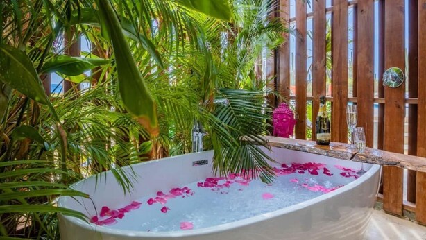 Un amplio jacuzzi al aire libre rodeado de abundante follaje y una cerca de madera.