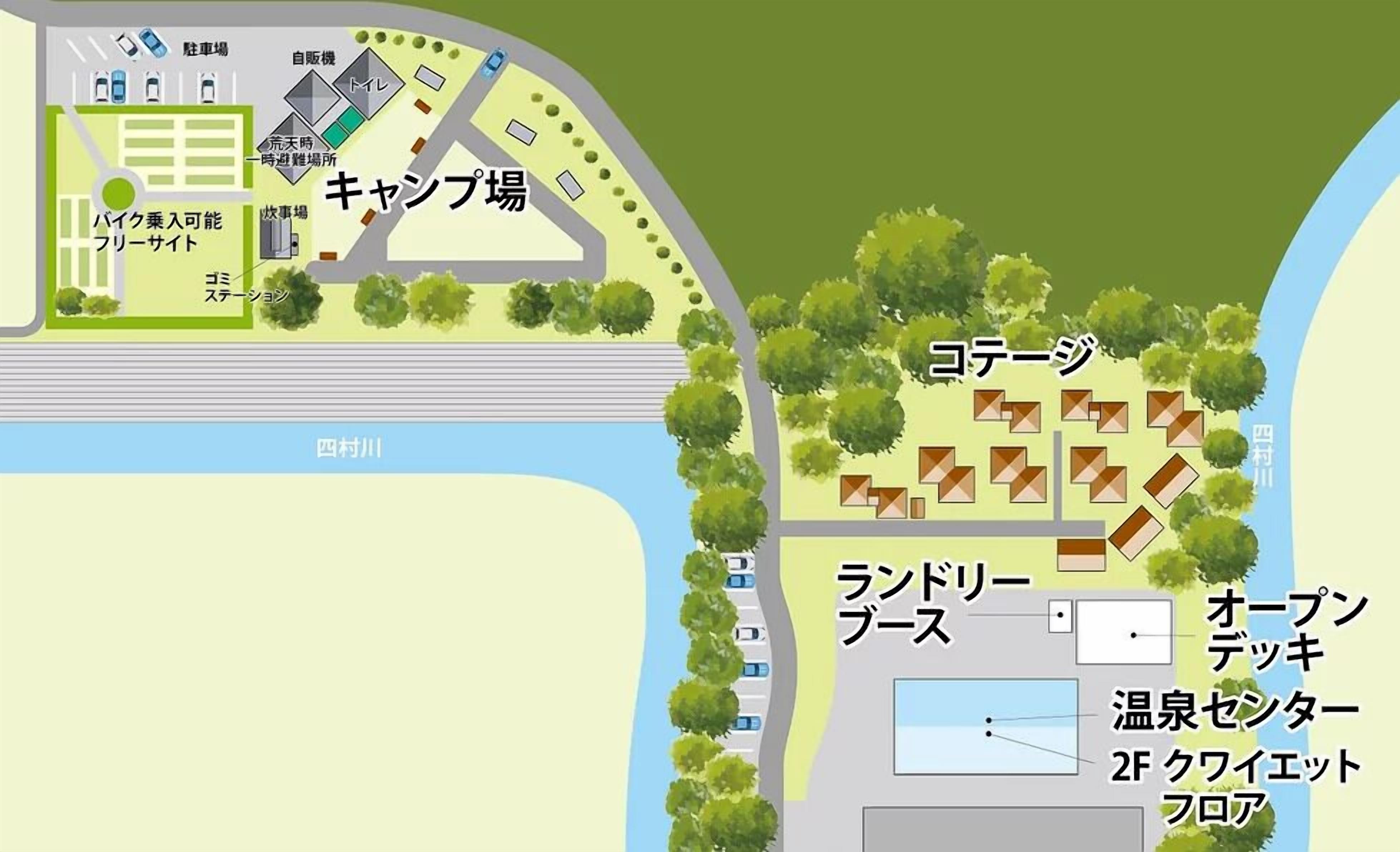 A map of a resort area with labeled sections including a camp site, a hotel, and a beach.