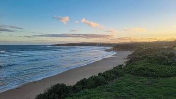 Un paysage côtier avec une plage, des zones herbeuses et un ciel dégagé.