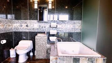 Une salle de bain moderne avec un lavabo en marbre, une baignoire sur pieds et des toilettes.