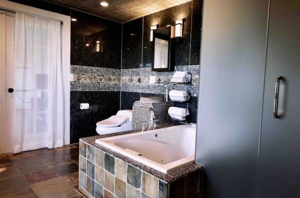 Shower, jetted tub, hair dryer, bidet