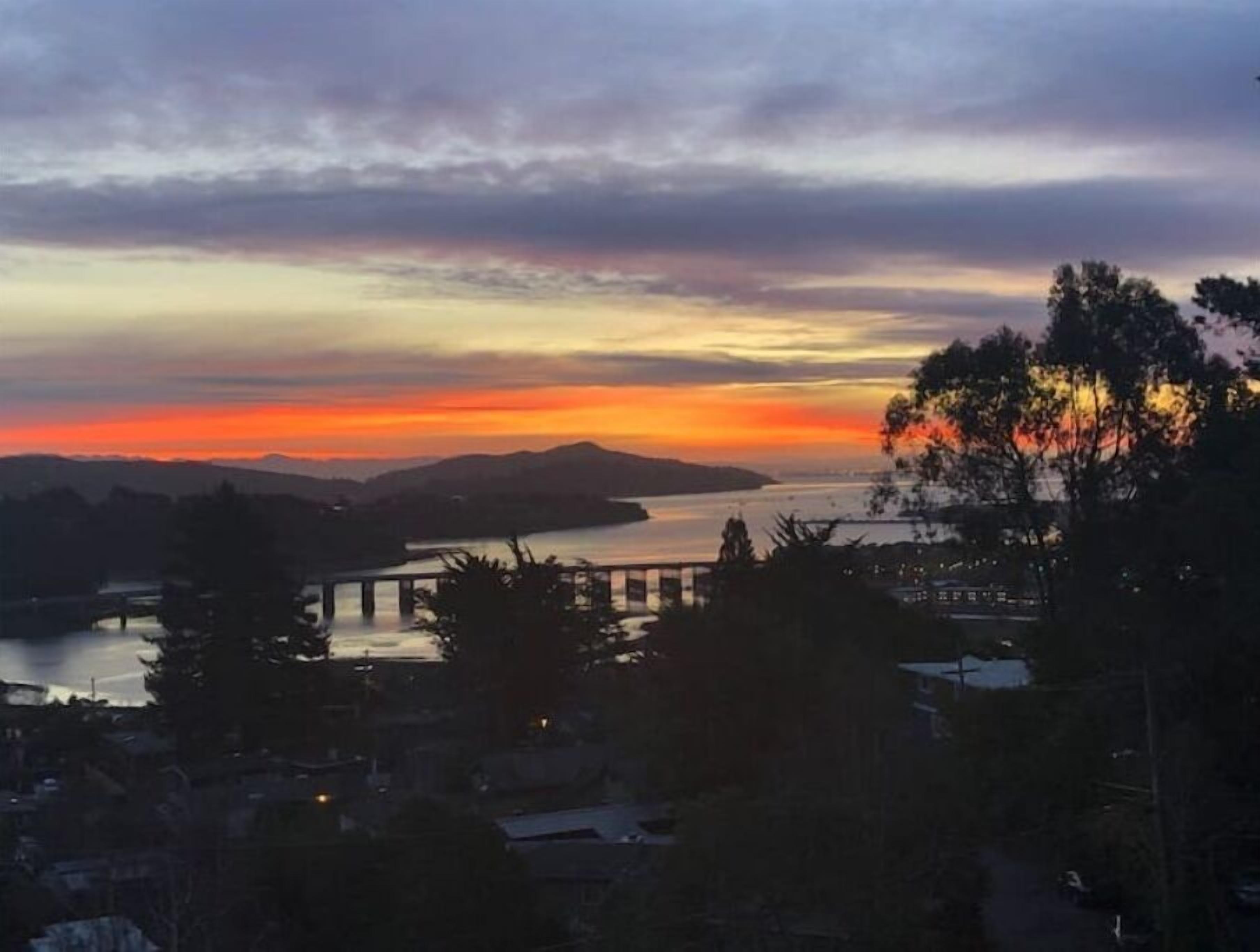 A sunset view over a body of water with a bridge and trees in the foreground.
