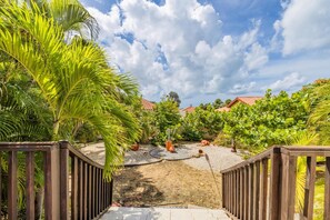 A pathway leading to a garden area with palm trees and a variety of plants.