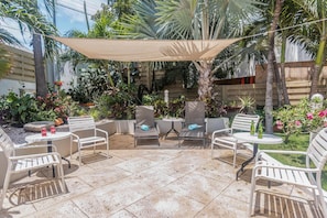 An outdoor patio area with a table and chairs, surrounded by various plants and a palm tree. - 2BR 1BA Ground Level in the Heart of Aruba Pool (Noord)
