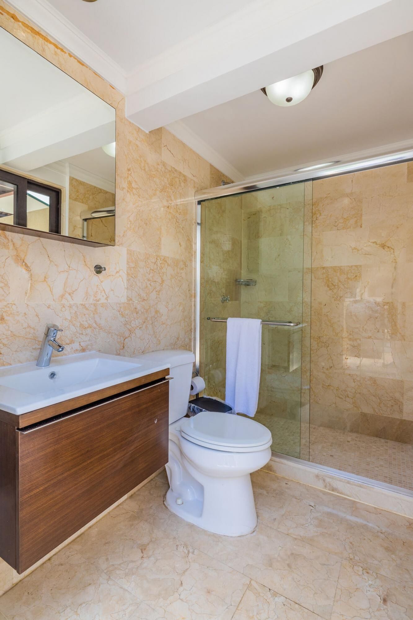Une salle de bain avec un lavabo en marbre, des toilettes et une douche à parois de verre.
