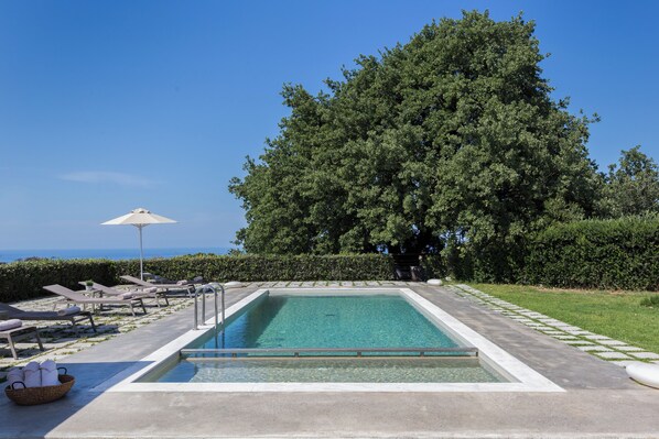 A rectangular pool with a clear blue water, surrounded by lounge chairs and an umbrella, with a large tree and a hedge in the background.