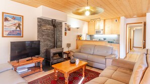 A living room with a television, sofa, coffee table, fireplace, and kitchen area. - Comfortable 4-room in Morzine, terrace, garage, near center (Morzine)