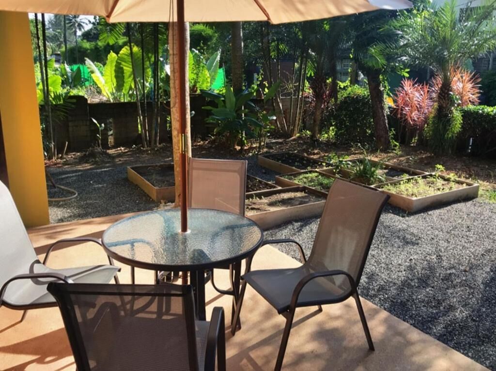 Un patio al aire libre con una mesa de vidrio y sillas de metal, rodeado de parterres y plantas tropicales.