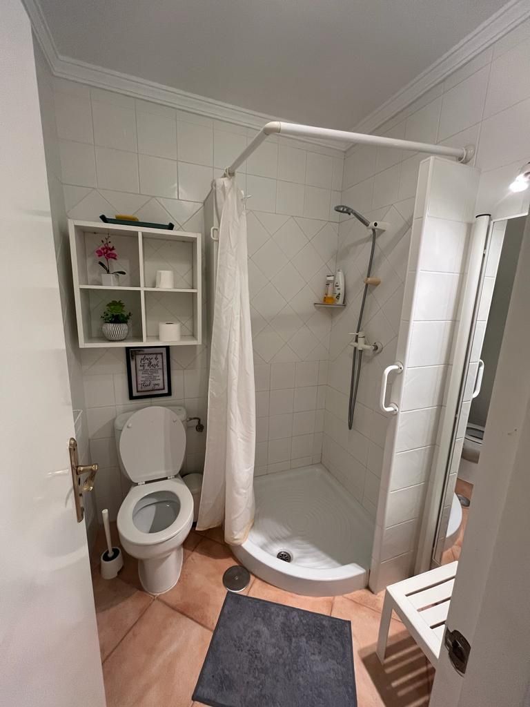A bathroom with a shower, toilet, and a sink.