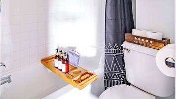 Shower, eco-friendly toiletries, hair dryer, towels