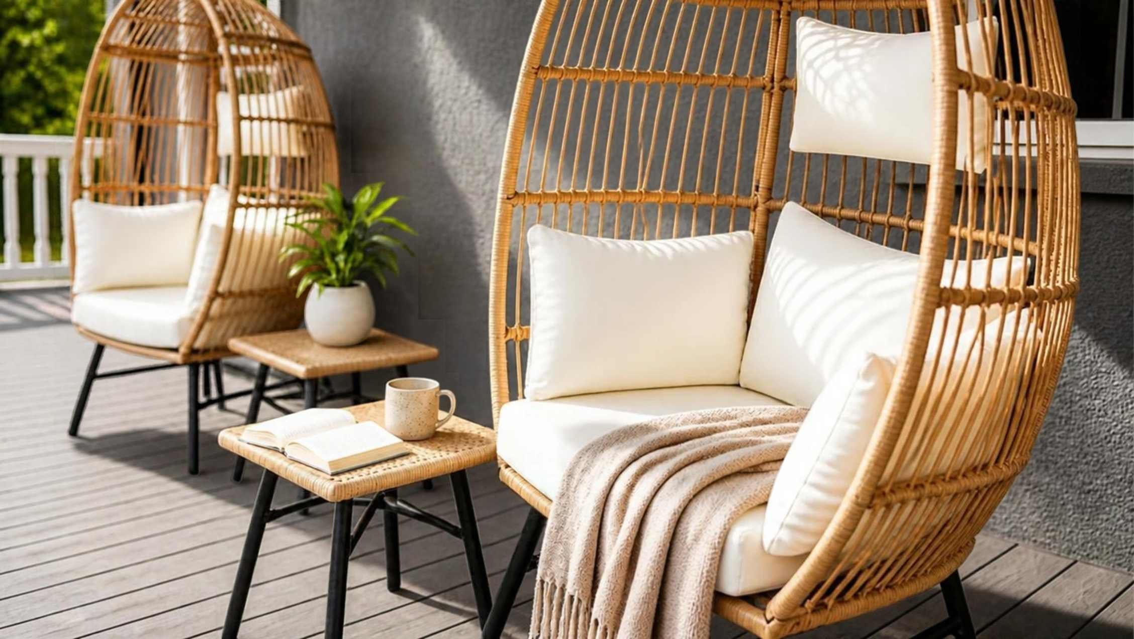 Two wicker lounge chairs with cushions, a small table with a book and a cup, and a potted plant.