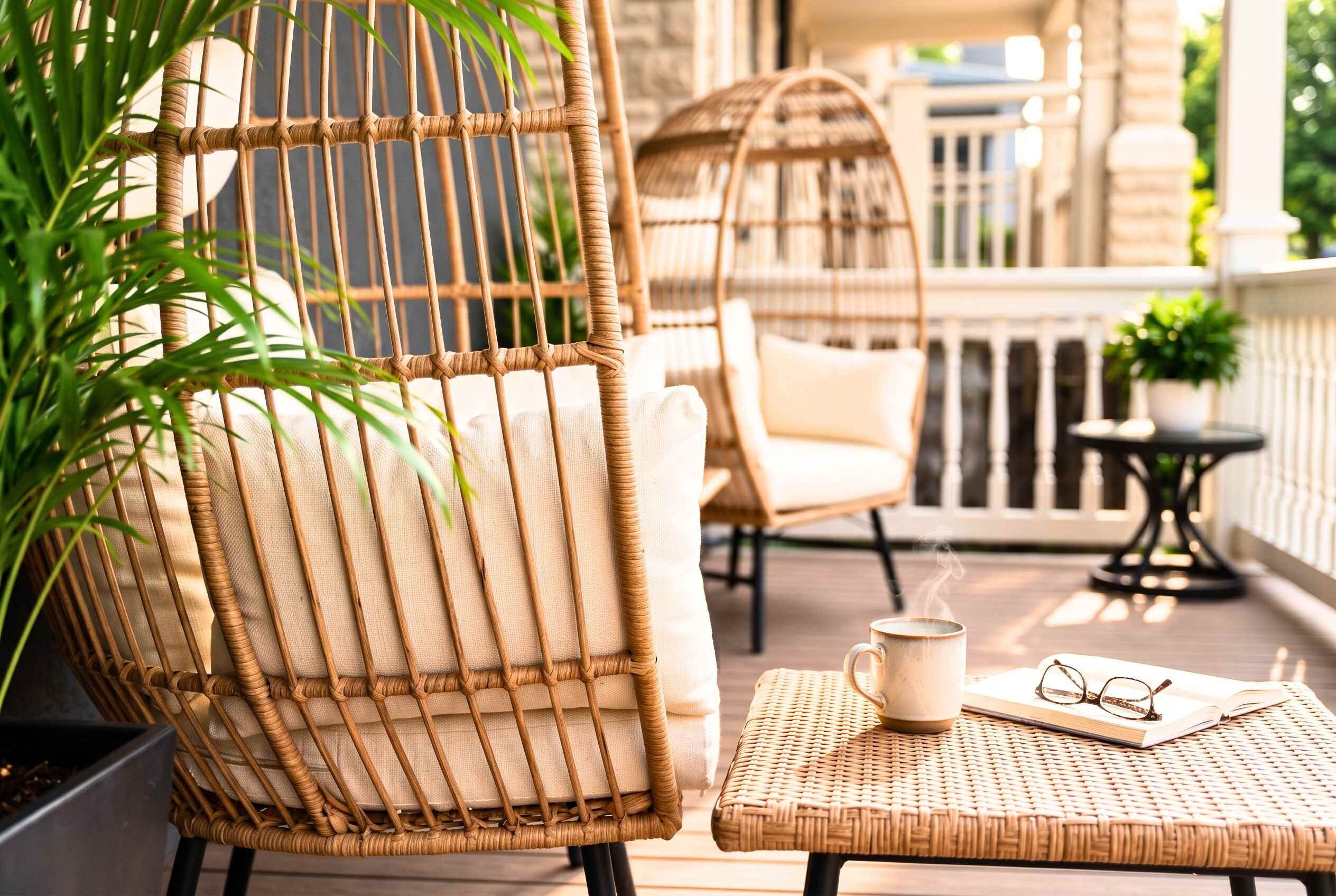 A wicker chair with a cushion, a wicker table with a mug and glasses, and a potted plant.