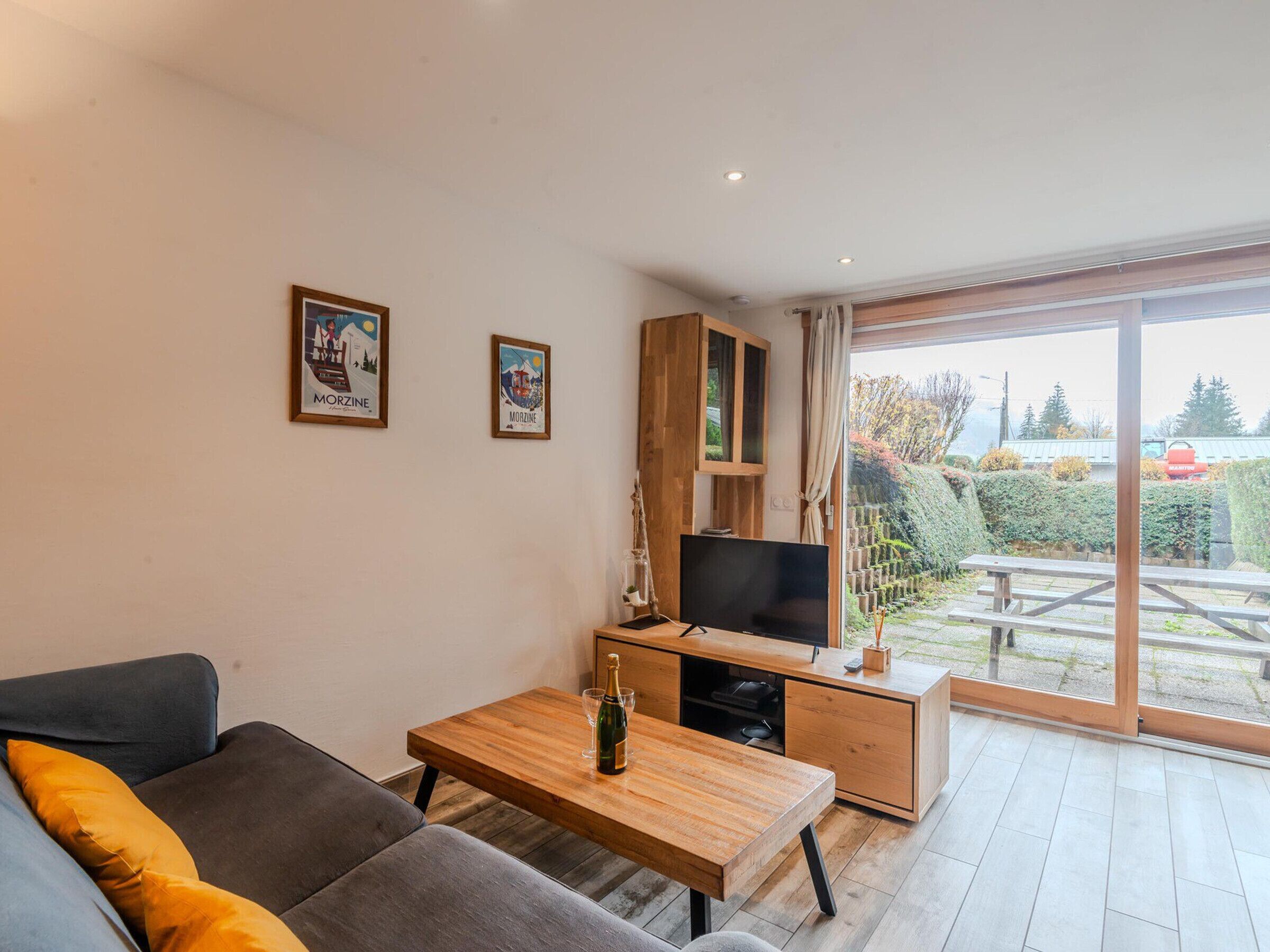 A modern living room with a sofa, a wooden coffee table, a TV, and a wooden cabinet. There are two framed pictures on the wall and a view of a garden through the sliding glass door.