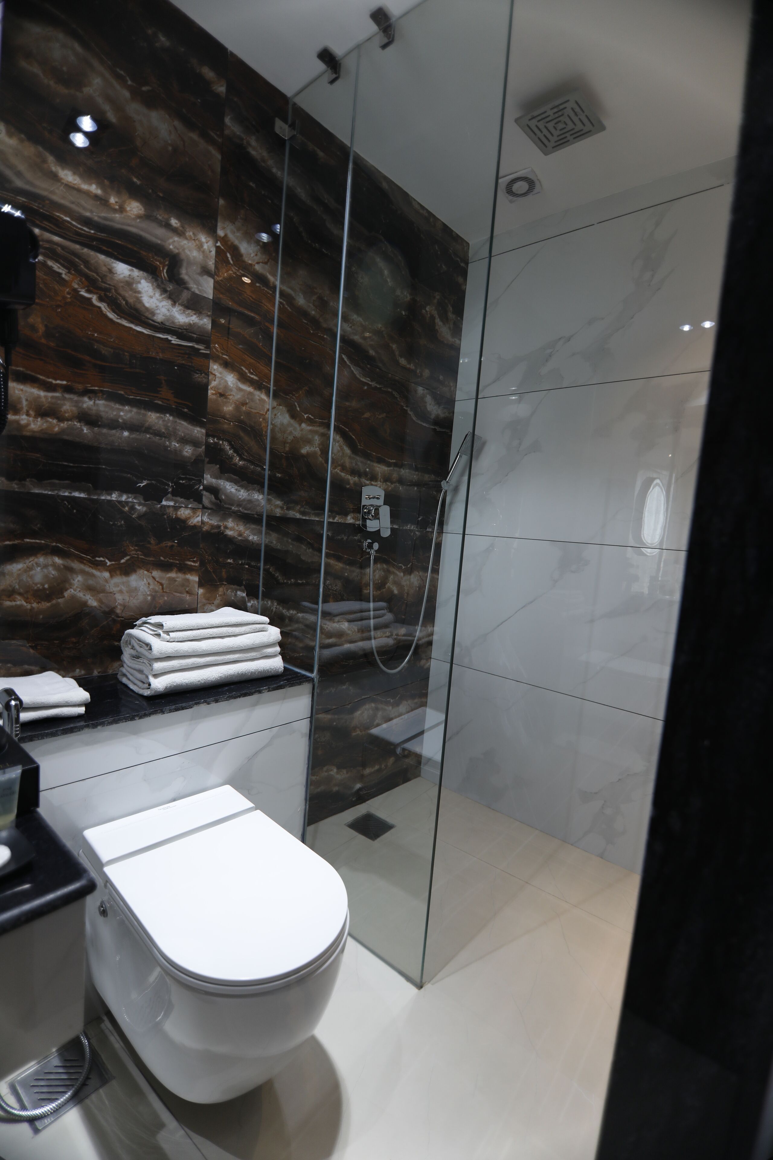 A modern bathroom with a glass-enclosed shower, a white toilet, and a marble backsplash.