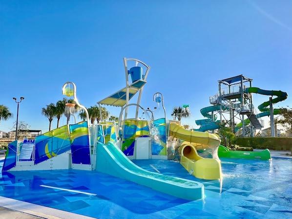 A water park with multiple slides and water features.