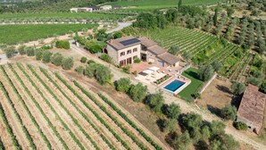 Una extensa propiedad con piscina, campos de viñedos y un edificio de piedra con panel solar.