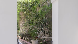 Un couloir doté d’un sol carrelé, d’un mur en pierre et offrant une vue sur un jardin agrémenté de plantes en pot et d’un autre mur en pierre.