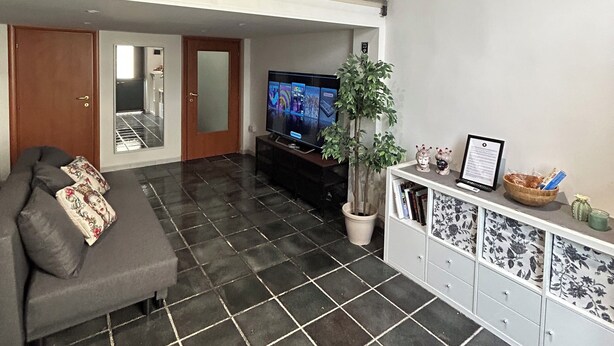 A spacious living area with a grey sofa, a television, a potted plant, and a decorative cabinet.
