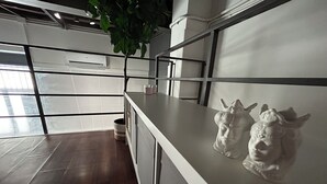 A modern kitchen with a white countertop, a potted plant, and decorative ceramic figures.