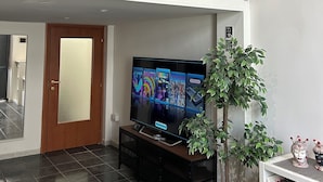 A living room with a large flat-screen TV, a wooden door, a potted plant, and a bookshelf.
