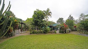 Ein gepflegter Garten mit verschiedenen Pflanzen und einem Haus im Hintergrund.