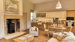 A spacious living room with a fireplace, a dining area with a table and chairs, and a kitchen with wooden cabinets and modern appliances. - The Stalls (Hexham)