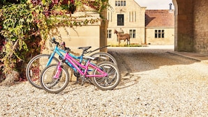 A bicycle parked under a stone archway with a building and a donkey statue in the background. - The Stalls (Hexham)