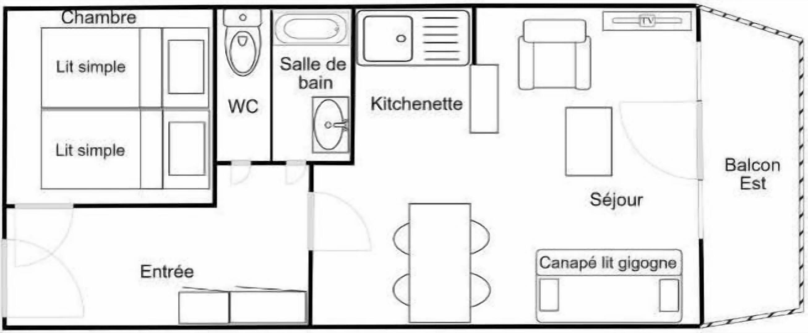 Un plan d’aménagement de chambre d’hôtel comprenant des toilettes, une kitchenette, un balcon et un coin salon.