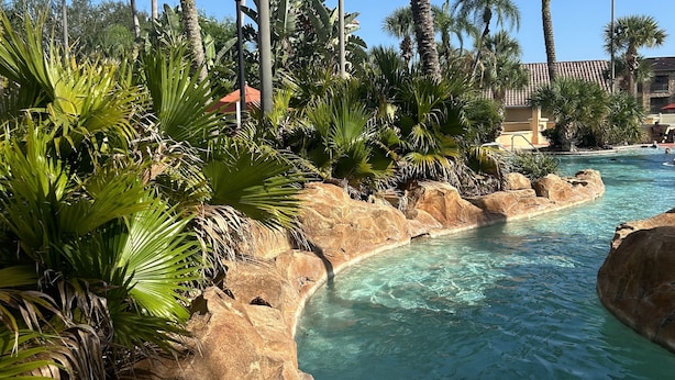 Zona de piscina amb aigua cristal·lina, envoltada de roques i palmeres.