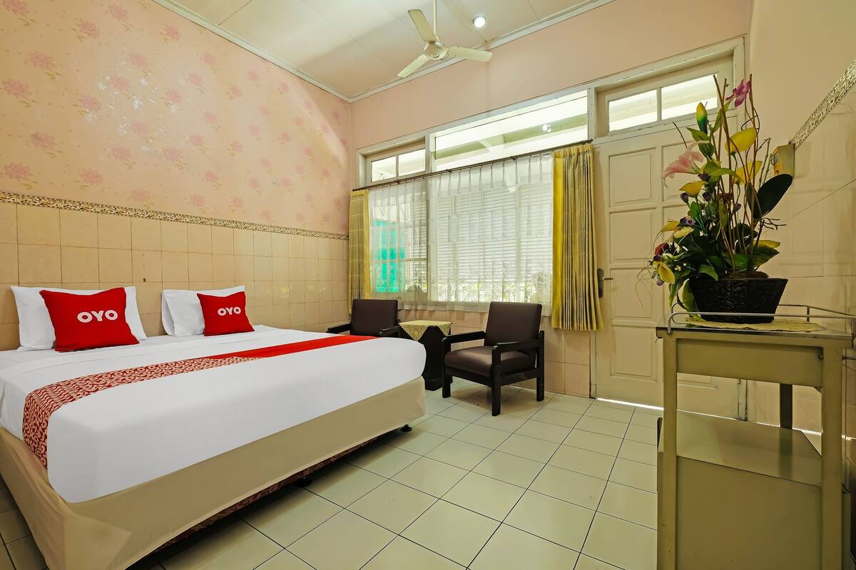 A hotel room with a bed, two chairs, a desk, a potted plant, and a window with curtains.