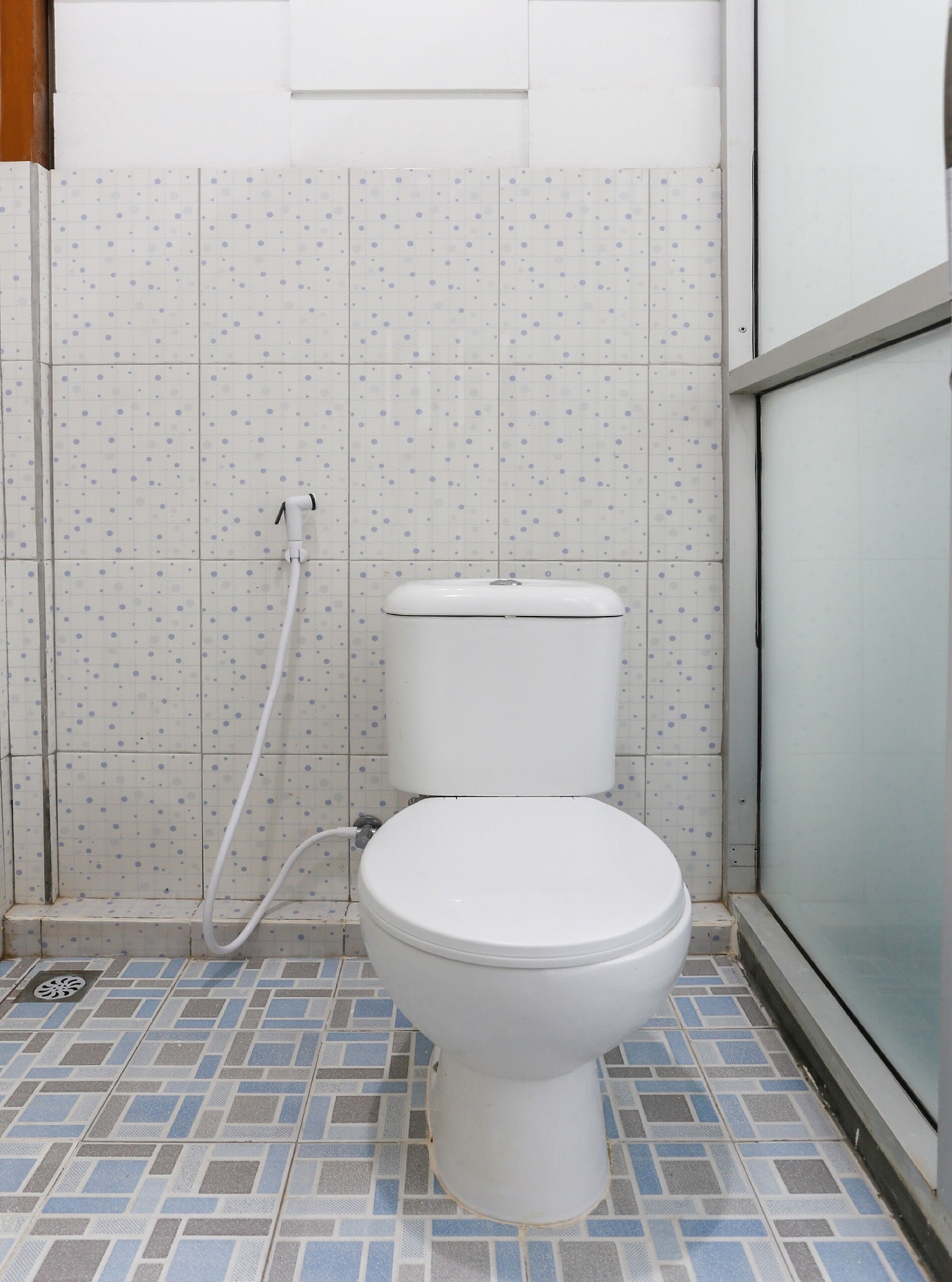 A toilet with a white tank and seat, a shower hose, and a tiled floor with a geometric pattern.