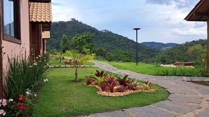 A pathway leading to a house with a garden and a view of a mountain. - Monte Mauá Chalés (Resende)