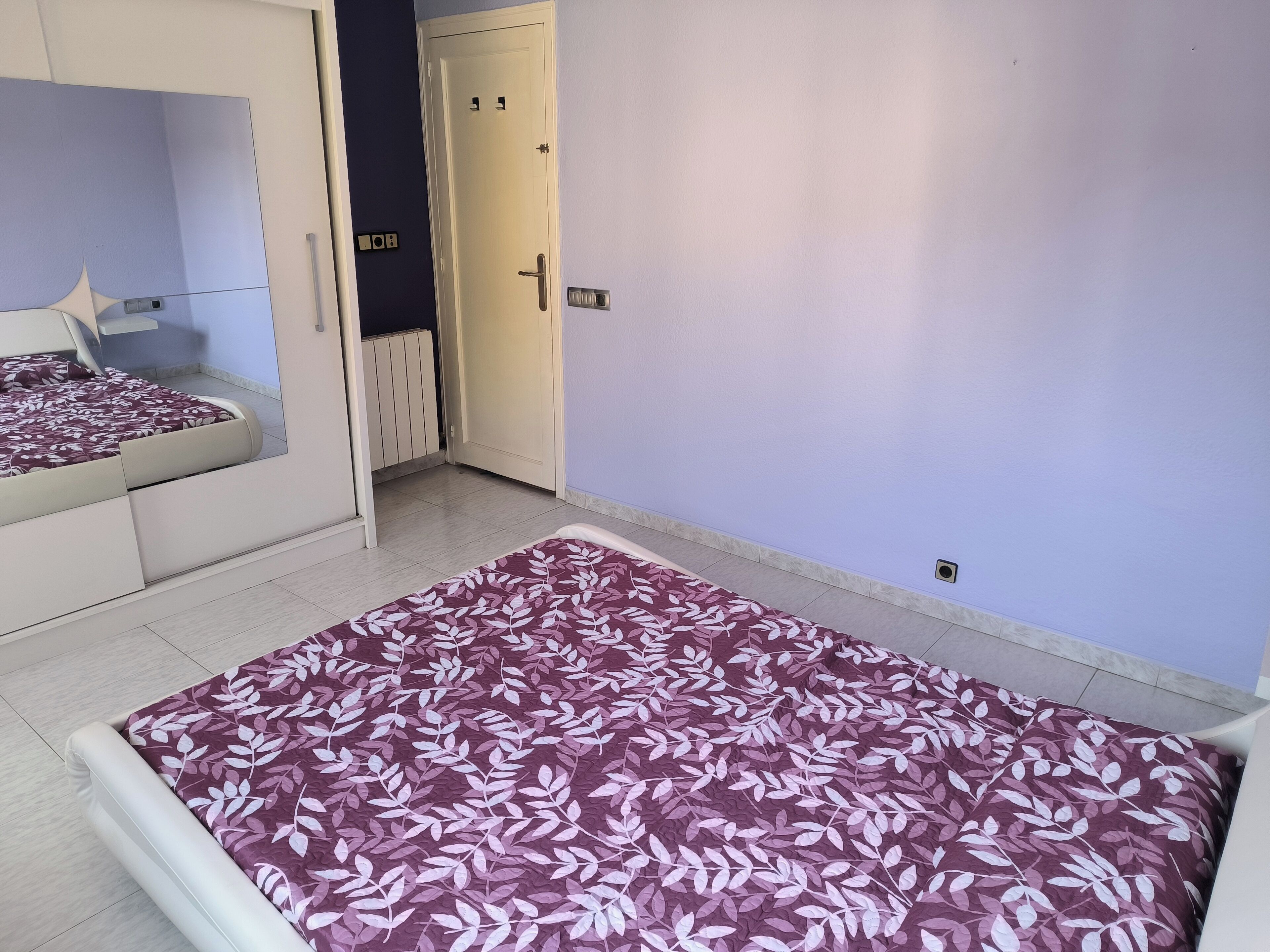A bedroom with a bed, a wardrobe, and a door.