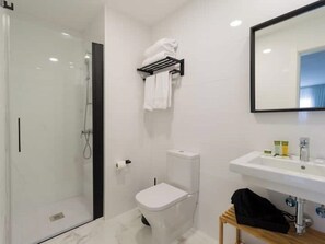 Secador de cabelo, toalhas de banho, sabonete, papel higiênico