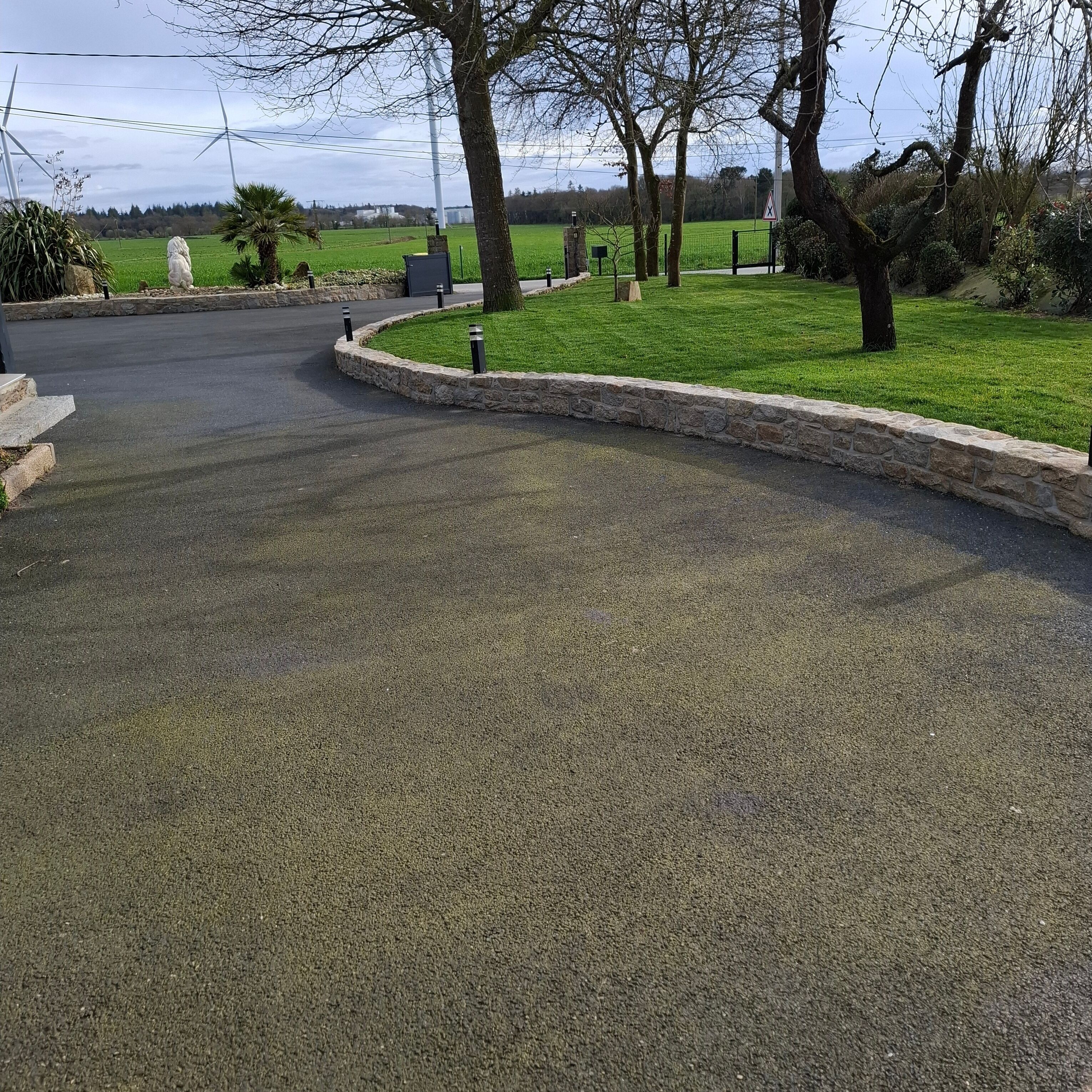 A paved driveway curving into a grassy area with stone edging and a few trees.