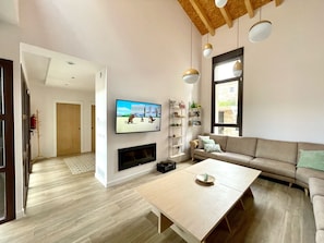 TV connectée, cheminée, livres